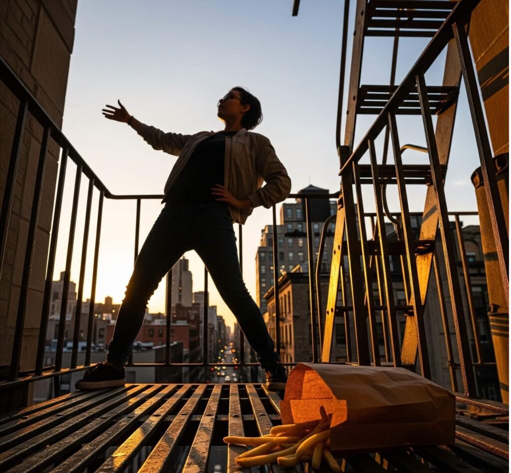 Dramatic Pose, Fire Escape, Spilled Fries