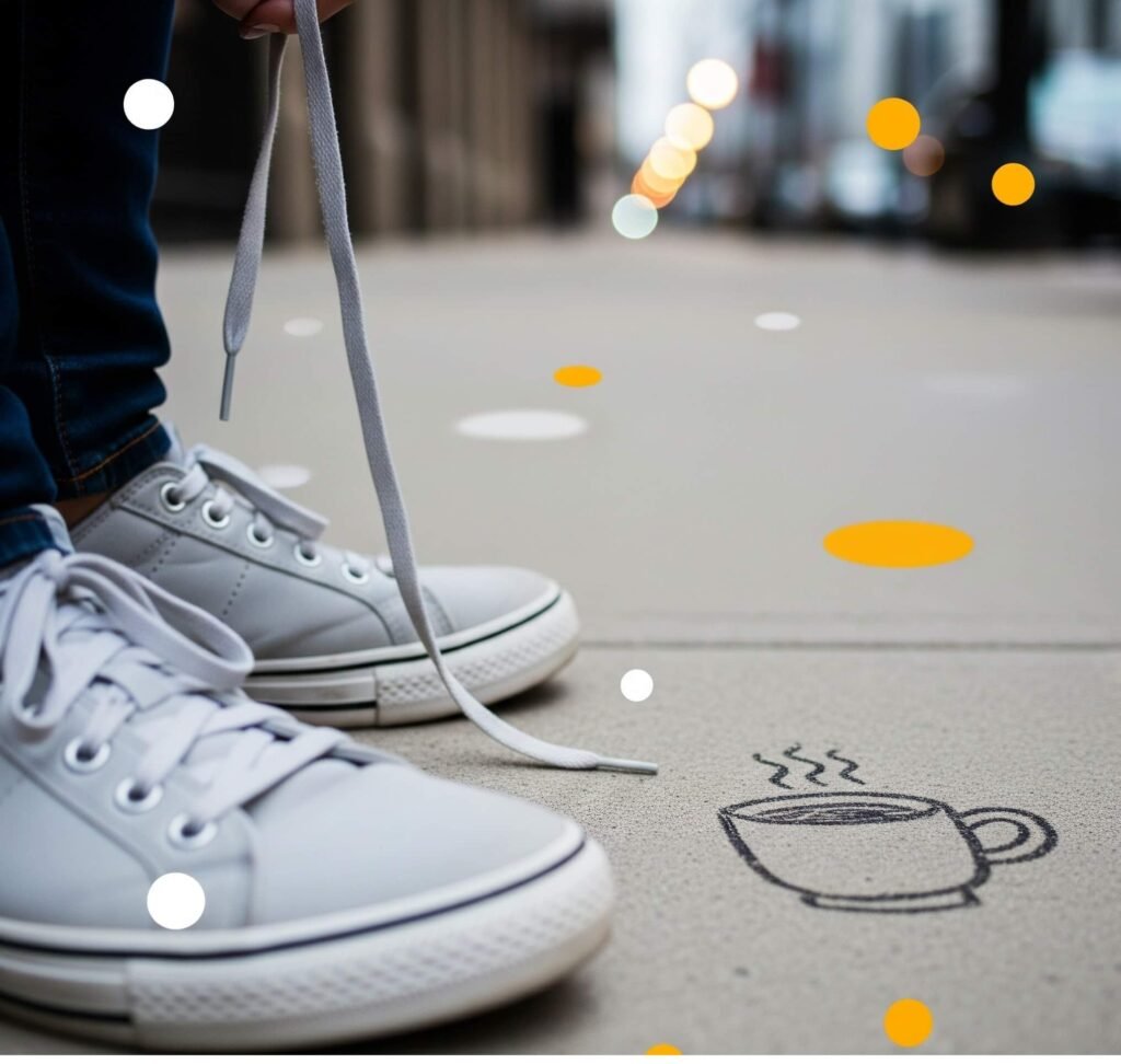 A playful, slightly blurry photo of sneakers with an untied lace on a Chicago sidewalk
