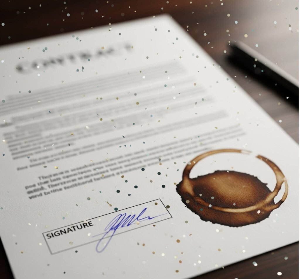 Signed Contract with Shaky Signature and Coffee Stain