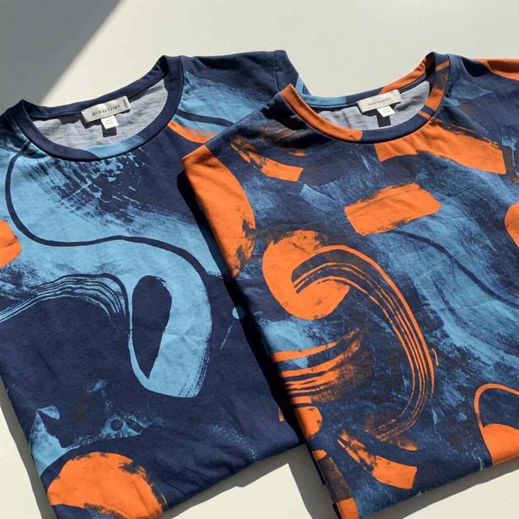 Flat lay of abstract print clothing.