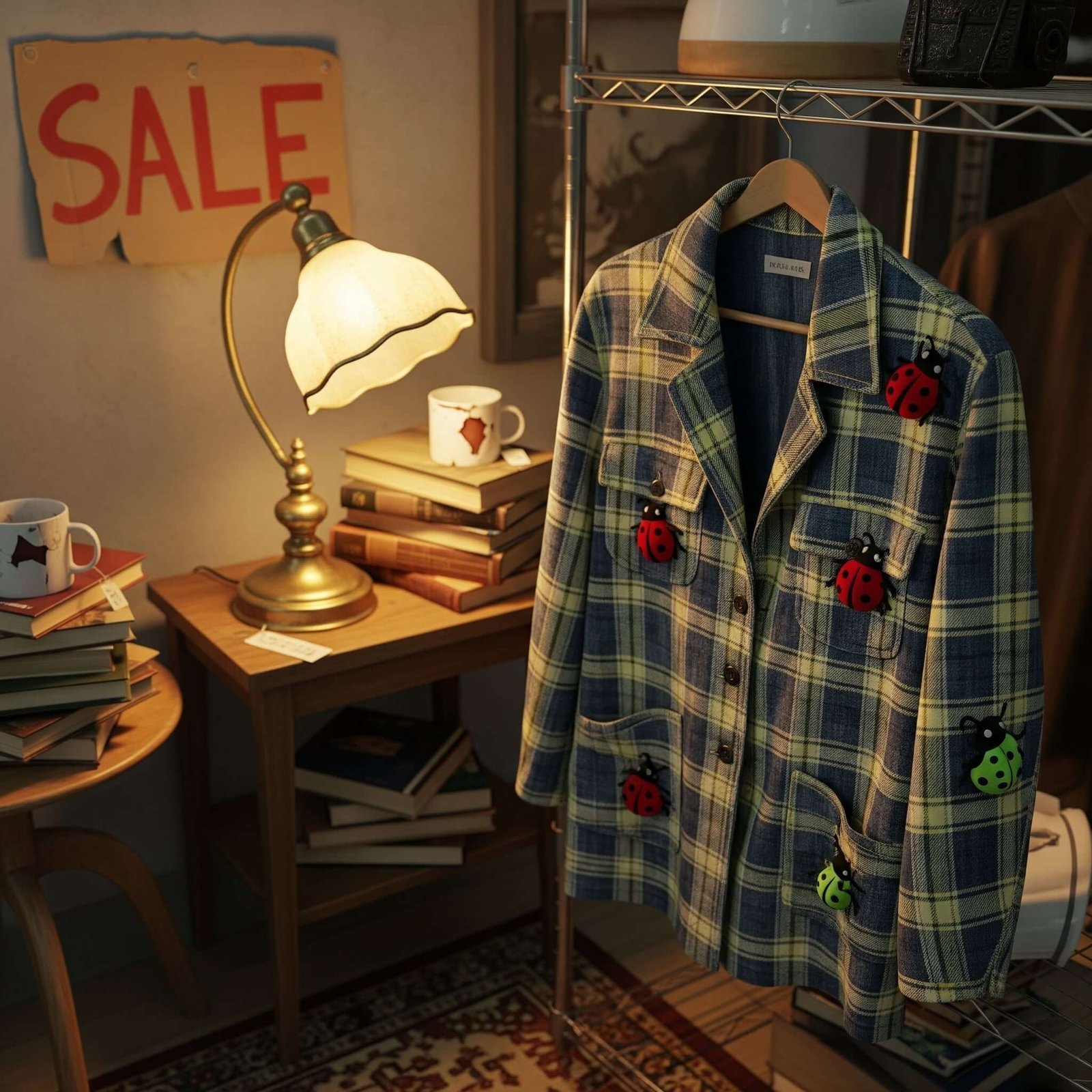 Sustainable Fashion Brands That Won’t Break the Bank Quirky Thrift Store Corner with Plaid Jacket and Ladybugs