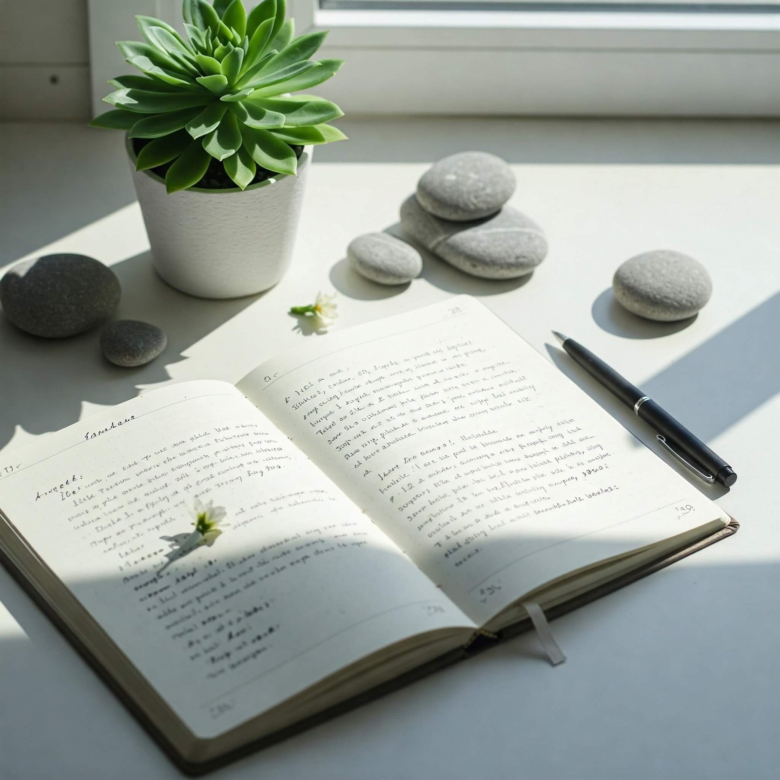 Journaling Prompts for Self-Love & Daily Reflection: Nurture Your Inner World Journal, pen, succulent, stones.