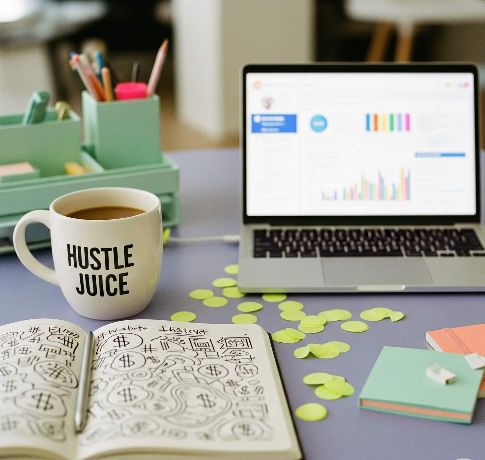 How I Got My First Brand Deal as a Micro-Influencer Cluttered Desk with Social Media Dashboard, Coffee Mug and Confetti