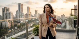 Confident Indian woman in tan blazer at golden hour.