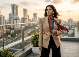 Confident Indian woman in tan blazer at golden hour.