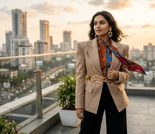 Confident Indian woman in tan blazer at golden hour.