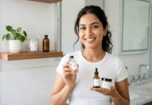 woman smiling with three simple skincare bottles.