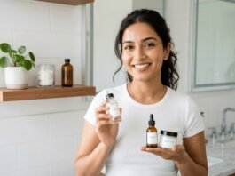 woman smiling with three simple skincare bottles.