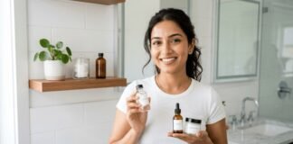 woman smiling with three simple skincare bottles.
