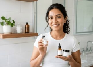 woman smiling with three simple skincare bottles.