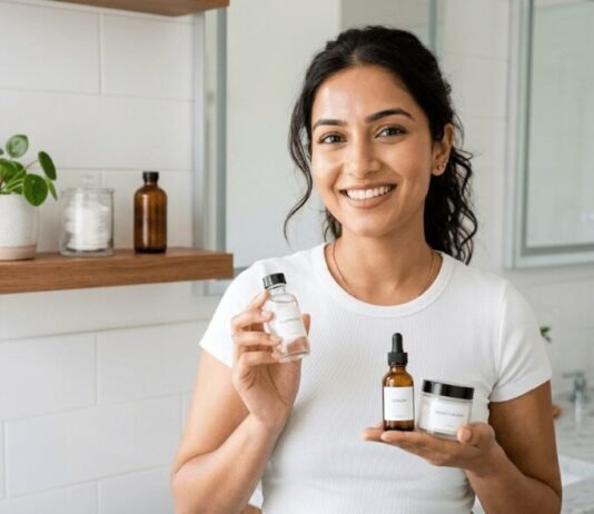 woman smiling with three simple skincare bottles.