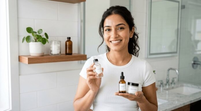 woman smiling with three simple skincare bottles.