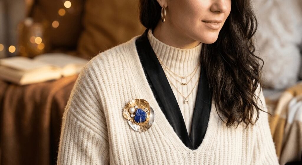 Close-up of woman wearing mixed-media gold and lapis brooch.