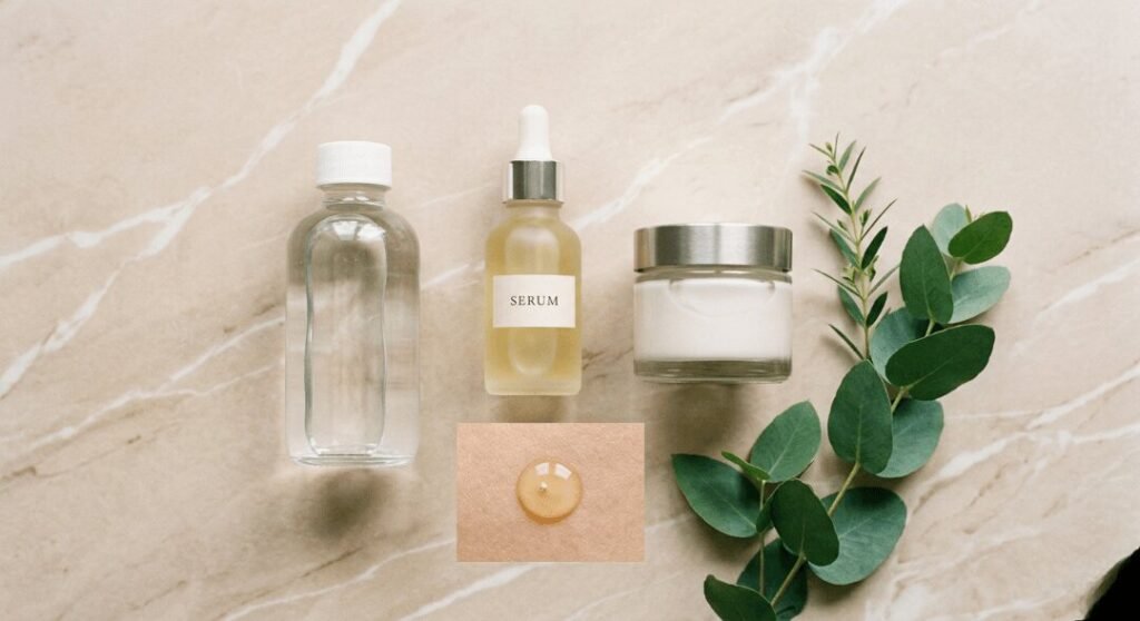 Minimalist skincare bottles and green leaves on marble.